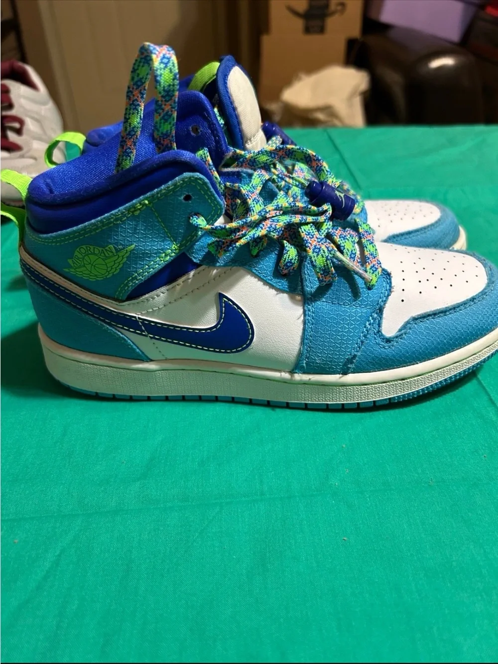 Jordan Kids Blue, White and Neon Green High-Top Sneakers
